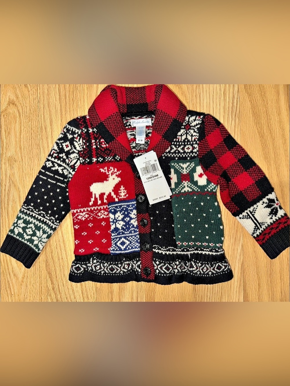 NWT $275 Baby Girl’s Ralph Lauren Patchwork Holiday Cardigan Sweater Size 18-24M
